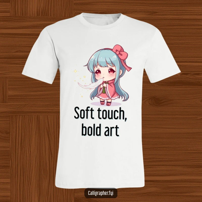 Funny t-shirt featuring an artist gently blowing a feather, creating a soft cloud of powdered pigment, representing delicate artistic creation.