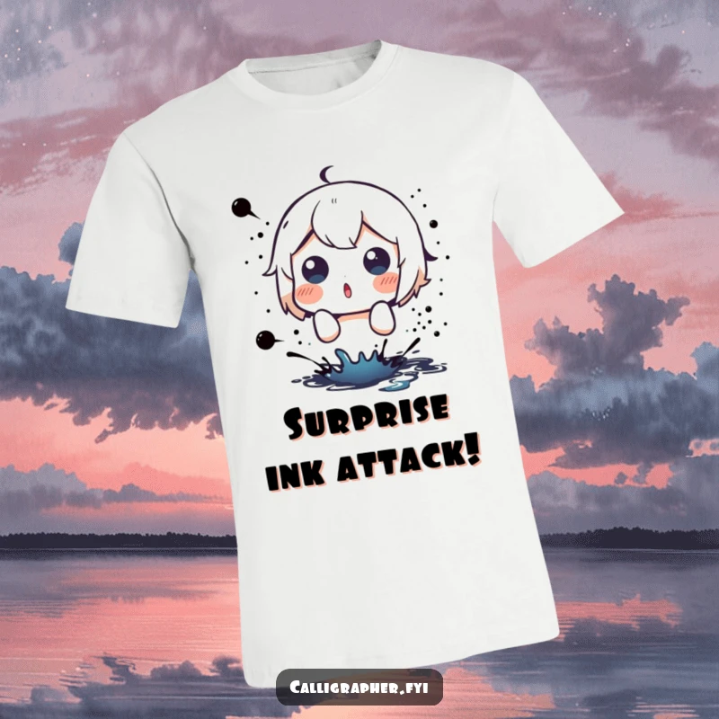 Funny t-shirt depicting a cute character looking utterly surprised and shocked by a sudden, messy ink splatter.