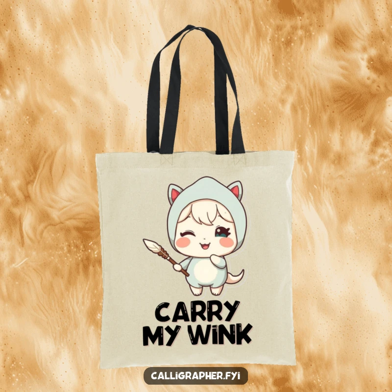 Funny tote bag featuring a cute character holding a quill pen and winking delightfully, embodying literary wit and charm for everyday use.