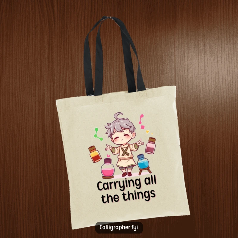 Funny tote bag showing a character artist playfully juggling three different colored ink bottles, perfect for carrying art supplies.