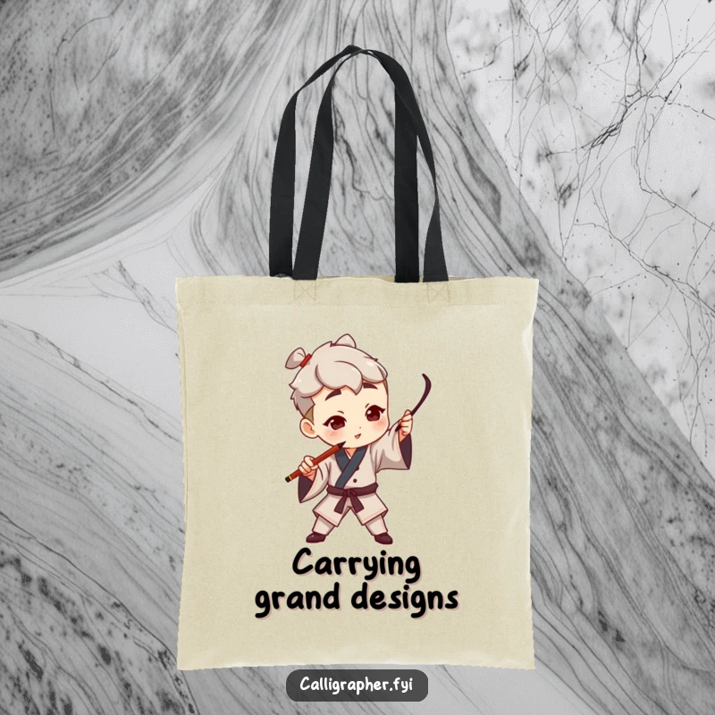 Funny tote bag showing a character artist dramatically gesturing with a calligraphy pen, creating a bold stroke, perfect for carrying art supplies.