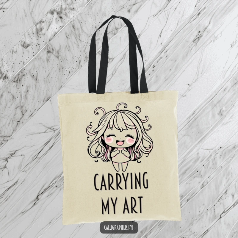 Funny tote bag showcasing a happy character creating beautiful, flowing ink swirls, perfect for calligraphy and art lovers.