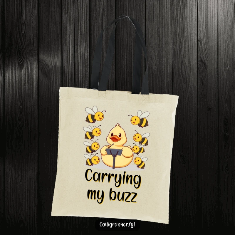 Funny tote bag with a rubber ducky conducting smiling bees in an orchestra, great for carrying music supplies.