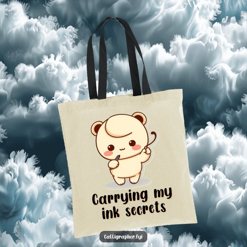 Funny tote bag featuring a kawaii character artist holding a calligraphy pen, elegantly writing a swoosh, ideal for carrying art supplies.