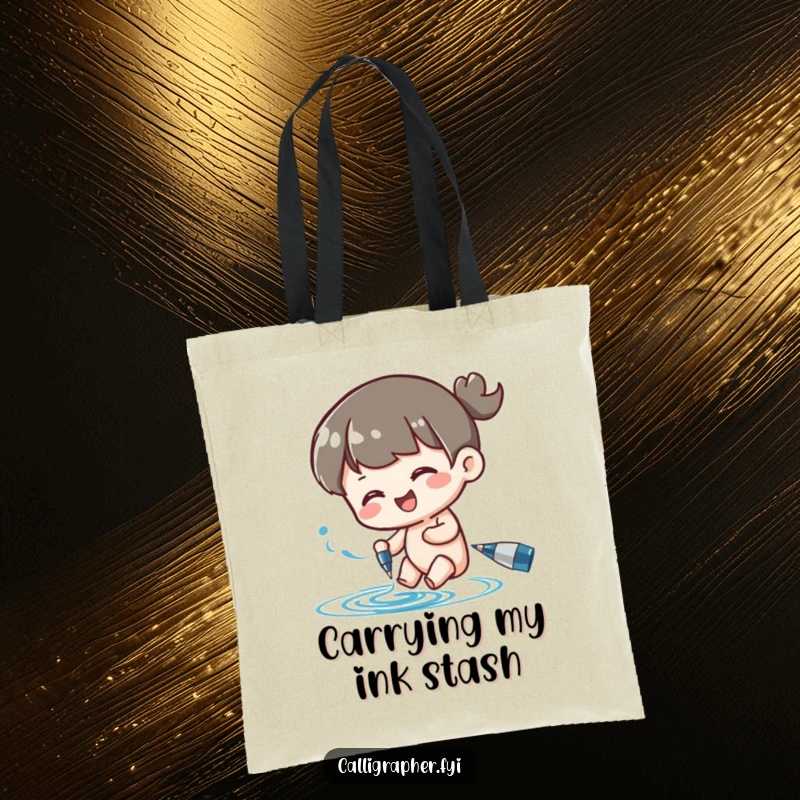 Funny tote bag featuring a cute character happily swirling ink from a pen, perfect for carrying creative essentials.