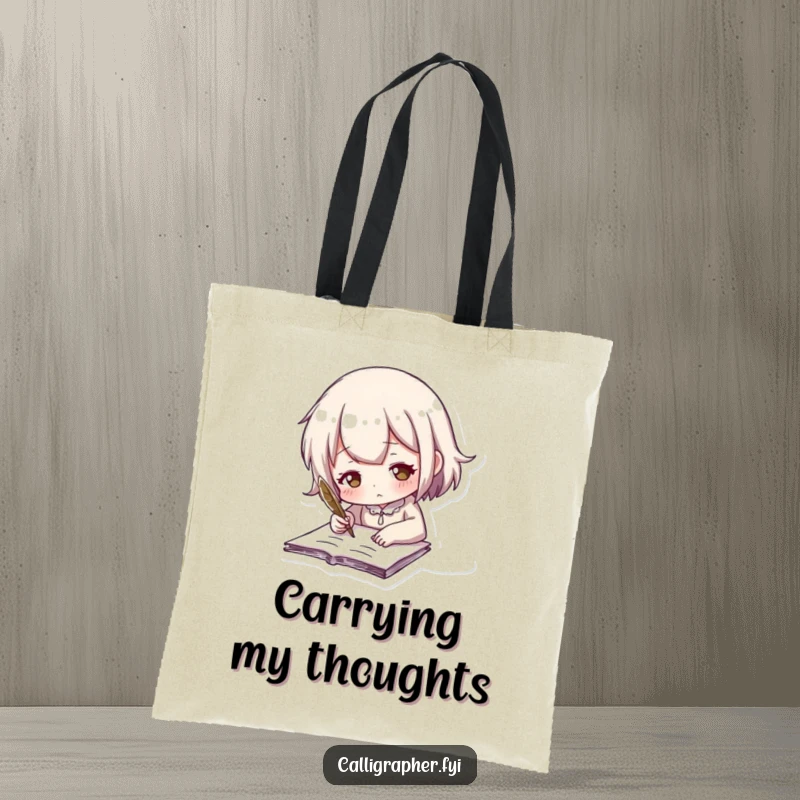 Funny tote bag with a cute character using a feathered quill to write, symbolizing literary creativity and a love for stories.