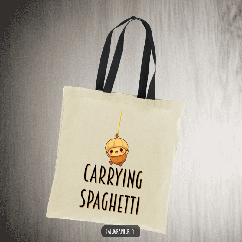 Funny tote bag with a brave little acorn character swinging from a strand of spaghetti.