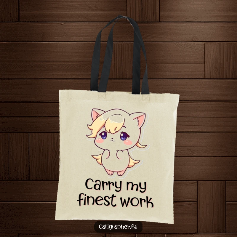 Funny tote bag featuring a cute character with a concentrated look, drawing a sophisticated and elegant flourish, perfect for art supplies.