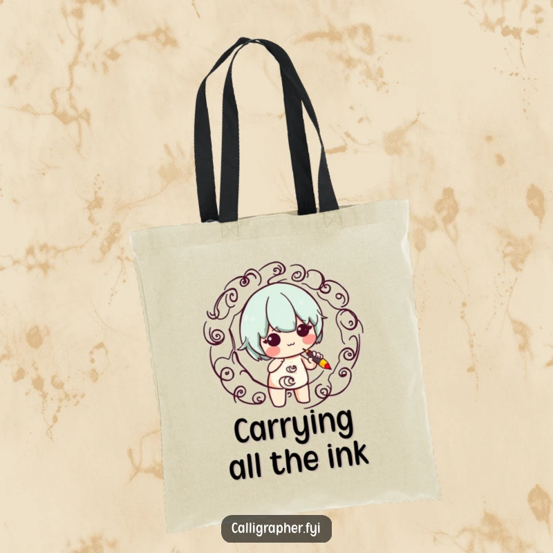 Funny tote bag depicting a cute character gracefully creating swirling patterns with a calligraphy pen, ideal for carrying art supplies.