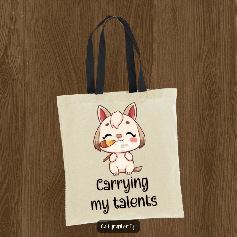 Funny Tote Bag featuring a charming character balancing a paintbrush on its nose, designed for artists and art enthusiasts.