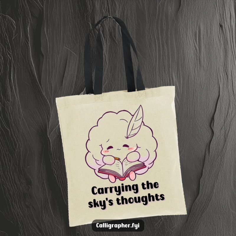 Funny cloud tote bag showcasing a fluffy cloud with a quill pen, busily writing in a notebook, perfect for carrying books.