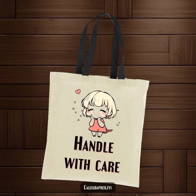 Funny Tote Bag: A cute character gently blows on a freshly inked design, perfect for carrying craft supplies with artistic flair.