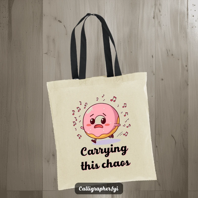 Funny tote bag featuring a bewildered donut character sprinting away from a cloud of musical notes, depicting a comical pursuit.