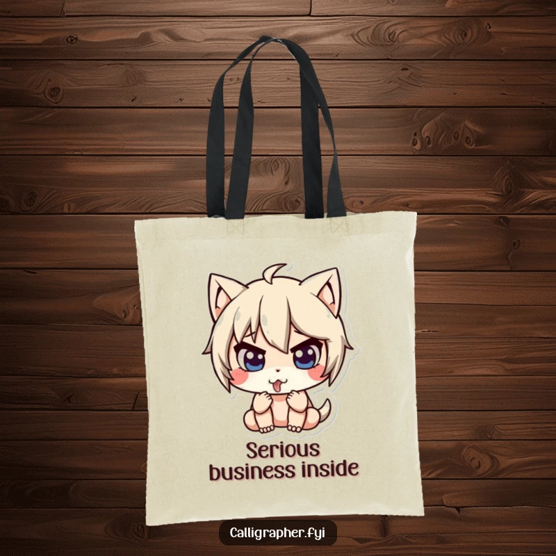 Funny tote bag with a cute character intensely concentrating, tongue sticking out, ideal for carrying books or groceries.