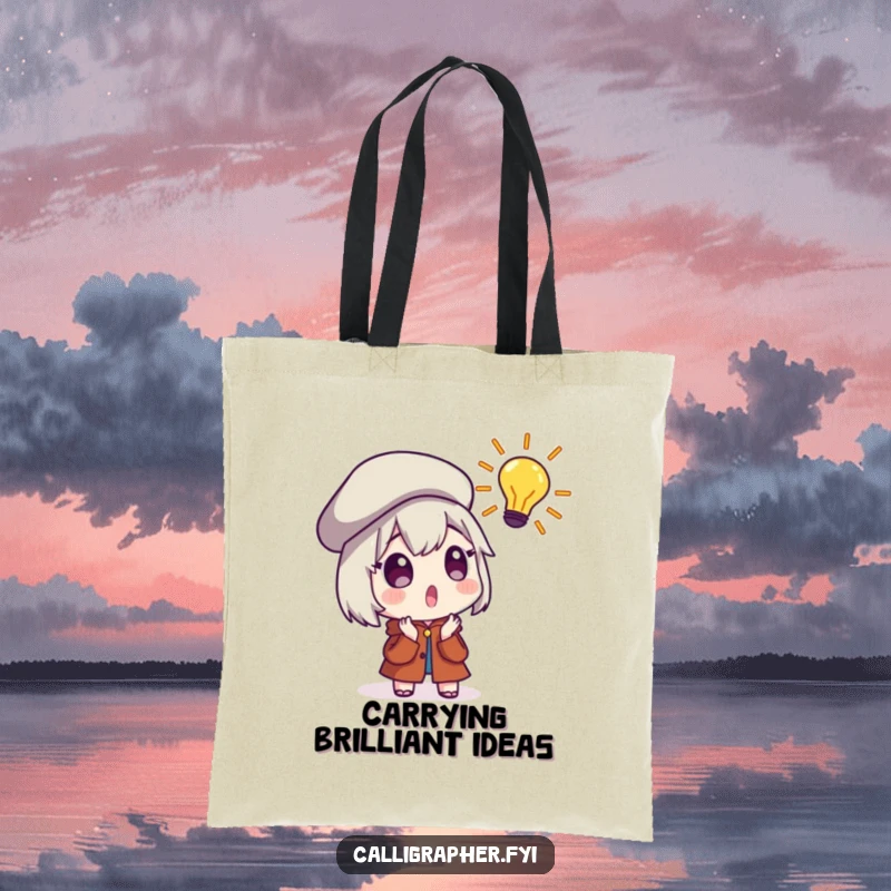 Funny Tote Bag featuring a surprised character with a beret, reacting with delight to a groundbreaking artistic idea.