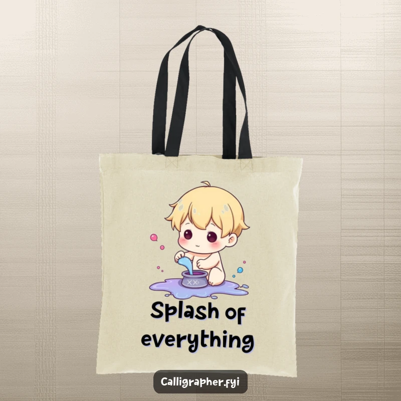 Funny tote bag showcasing a cute character playfully splattering ink from a small pot, perfect for carrying art supplies.