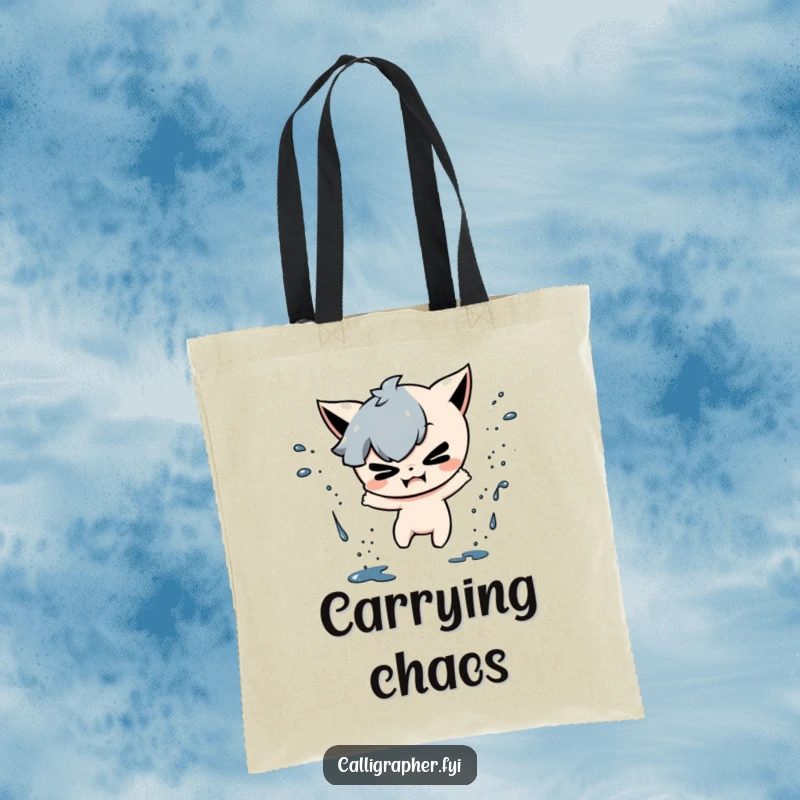Funny tote bag showcasing a mischievous character playfully scattering ink drops, perfect for those who love a bit of artistic mess.