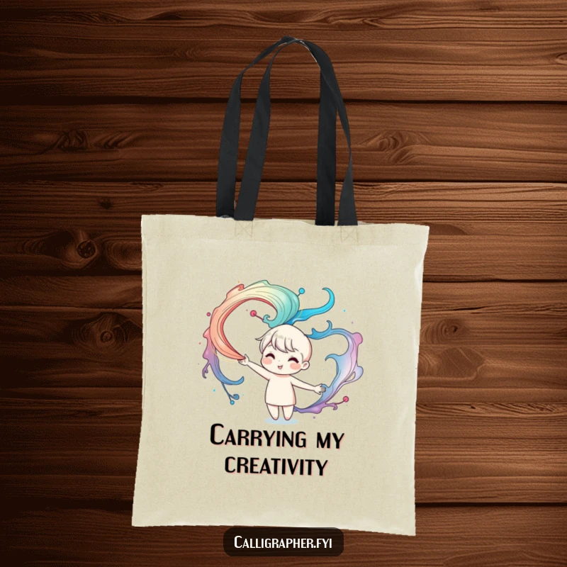 Funny tote bag featuring a cute character artistically creating beautiful swirling ink patterns in the air, ideal for carrying art supplies.