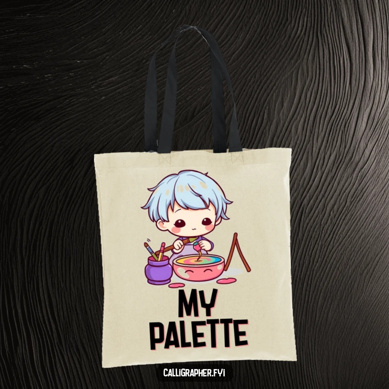 Funny Kawaii Artist Tote Bag featuring a cute character dipping a brush into colorful ink, perfect for carrying art supplies.