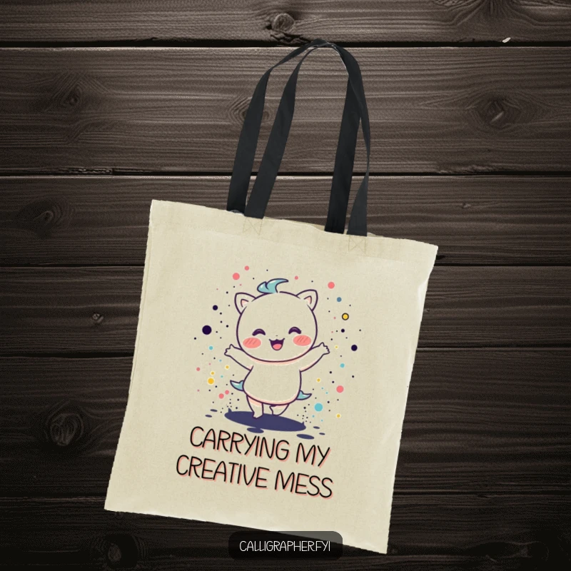 Funny kawaii character dancing happily amidst scattered ink splatters, a practical and humorous tote bag for art lovers and dancers.