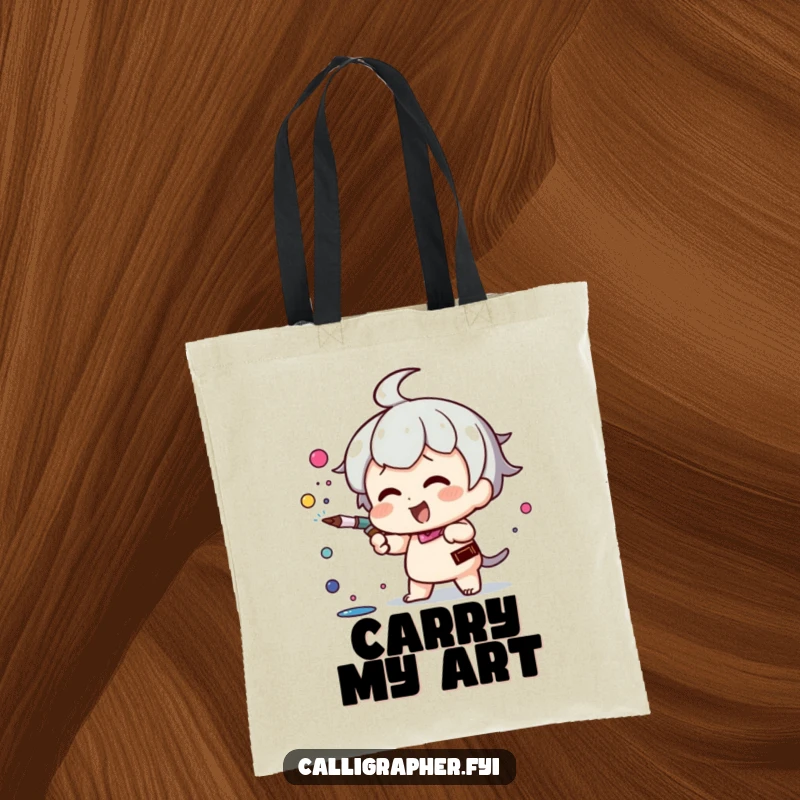 Funny Kawaii character tote bag, energetically spraying ink from a pen nib, perfect for carrying art supplies with creative flair.