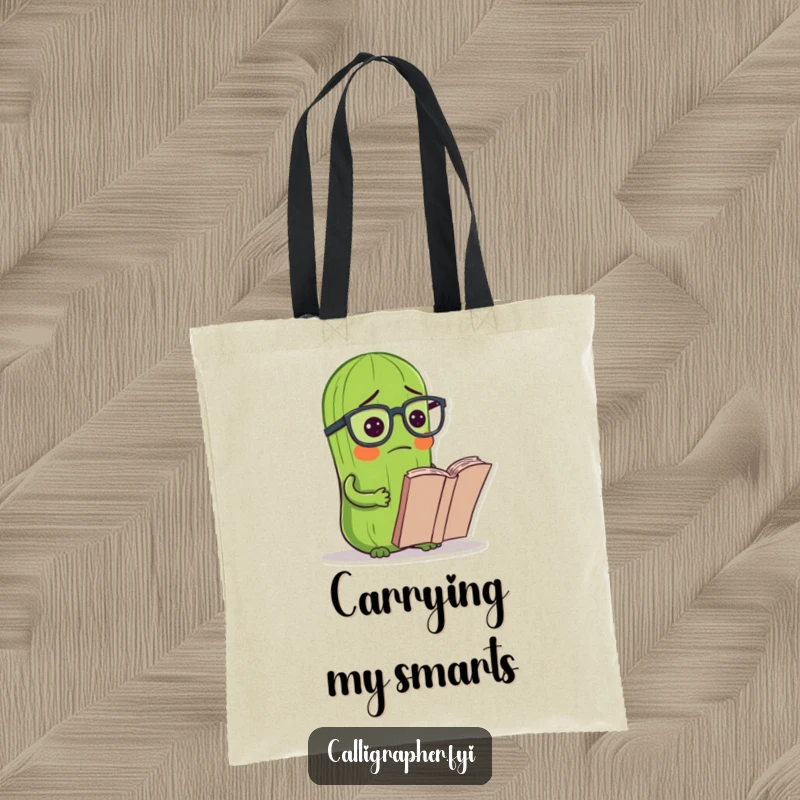 Funny pickle tote bag with a pickle wearing reading glasses, looking confused at a book, great for carrying books.