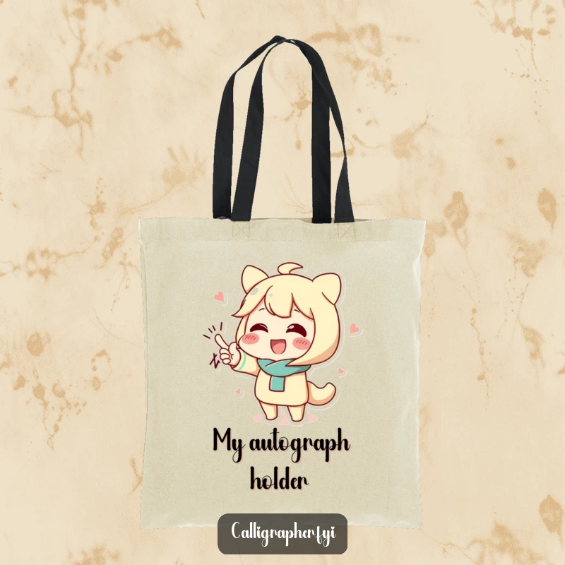 Funny tote bag showcasing a cute character's impressive and elaborate flourished signature, perfect for stylish carrying.