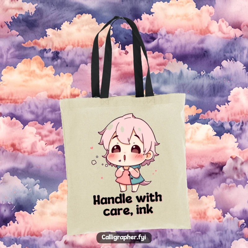 Funny tote bag with a surprised character carefully blowing on fresh ink, perfect for carrying art supplies with a touch of humor.