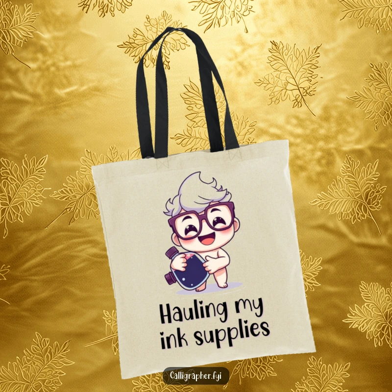 Funny Tote Bag featuring a smiling character with glasses holding a large ink bottle, ideal for carrying books and writing supplies.