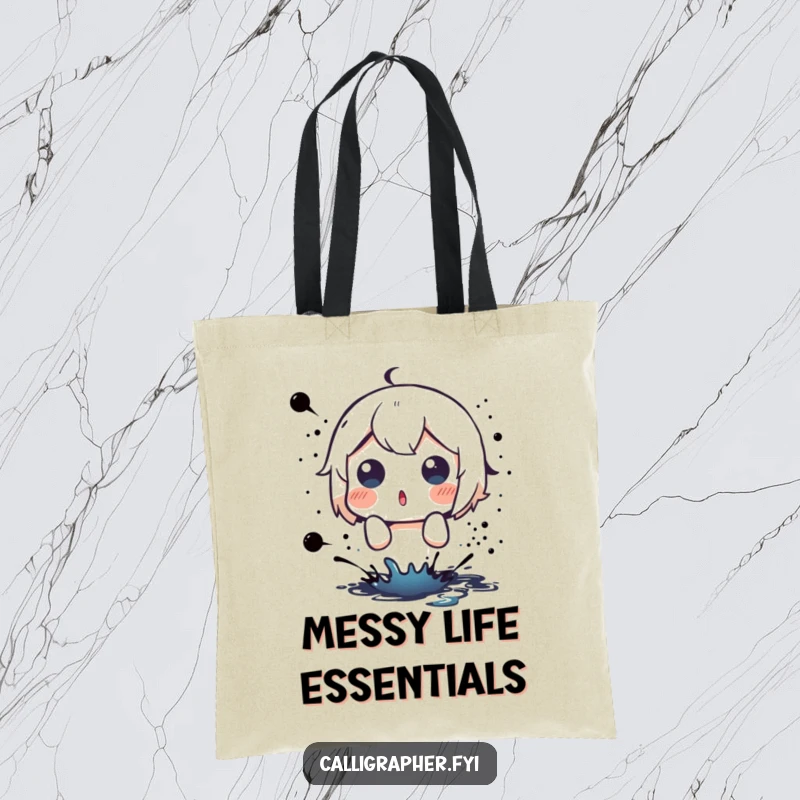 Funny tote bag showing a cute character with wide, surprised eyes at the unexpected arrival of an ink splatter.