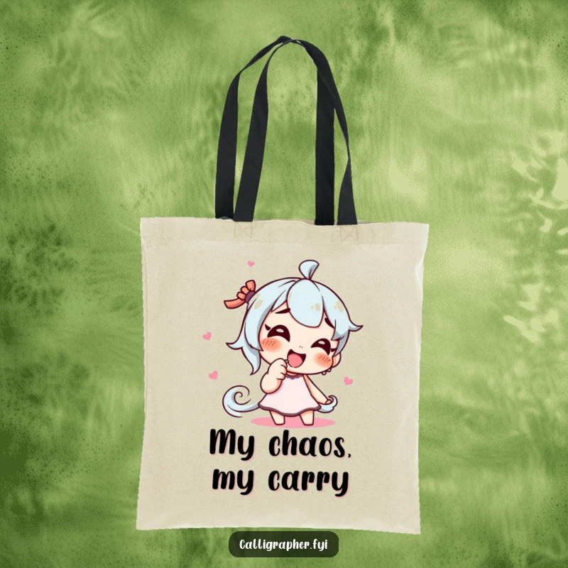 Funny tote bag depicting a giggling character artist drawing a swirling pattern with their finger, perfect for carrying art supplies playfully.
