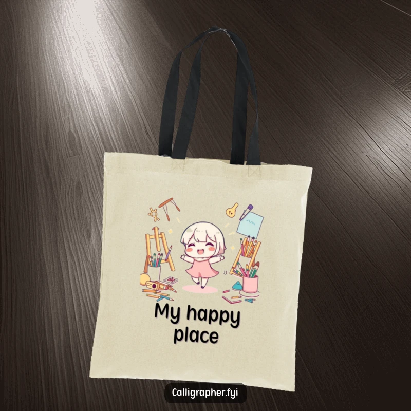 Funny Tote Bag: A cute character dances joyfully, surrounded by brushes and paints, perfect for carrying art essentials with flair.