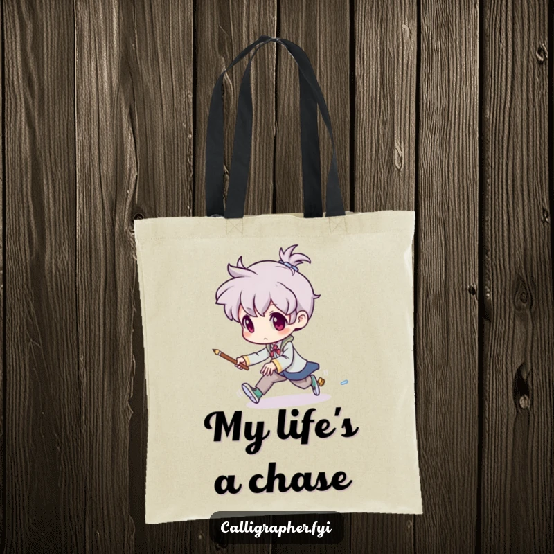 Funny tote bag showing an artist in pursuit of a tiny, mischievous brush that is trying to escape, perfect for art supplies and humor.
