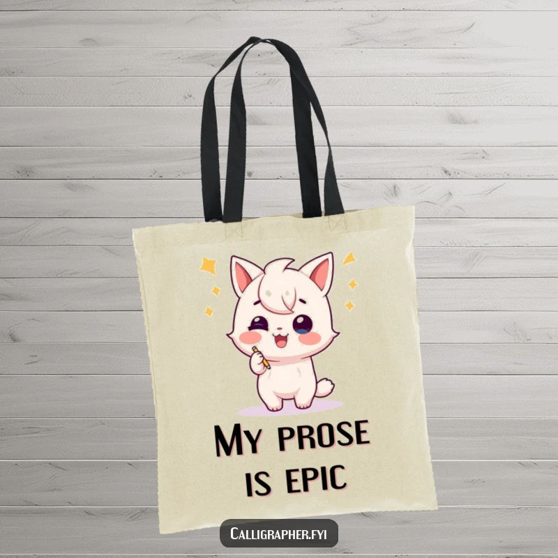 Funny tote bag with a playful character doing a celebratory flourish after writing, perfect for carrying books and essentials with flair.